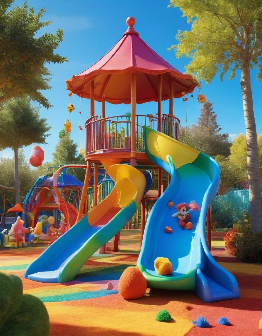 A whimsical playground filled with a variety of innovative and vibrant children's toys, featuring a rainbow-colored slide, interactive learning tables, and plush soft toys scattered around. Children of diverse backgrounds joyfully play together under a bright blue sky, with magical sparkles and glowing elements highlighting the joy of play. super-realistic. vibrant colors. cheerful atmosphere.