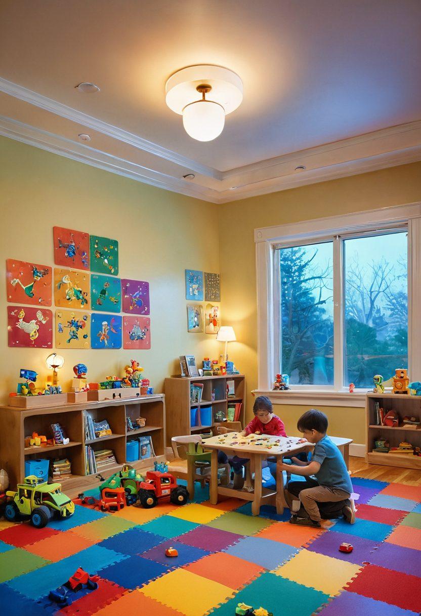 An enchanting scene of children engaged with colorful interactive toys in a cozy playroom, showcasing a blend of fun and learning. Include elements like puzzles, building blocks, and toy robots, radiating joy and creativity. The room is filled with soft lighting and playful decorations, highlighting the wonder of playtime in transforming learning experiences. super-realistic. vibrant colors. warm atmosphere.